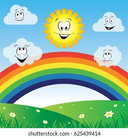 sun and clouds with rainbow illustration vector design