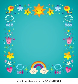 sun clouds rainbow singing birds raindrops flowers characters nature frame border