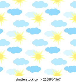 Sun and clouds seamless pattern vector illustration. Background clear sunny day. Print for childrens textiles, paper, wallpaper and design. Heavenly template
