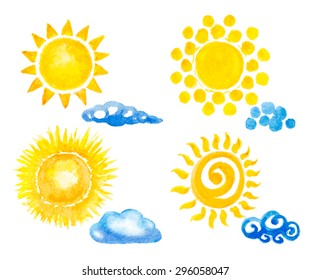 Sun And Clouds Set. Watercolor Vector Illustration