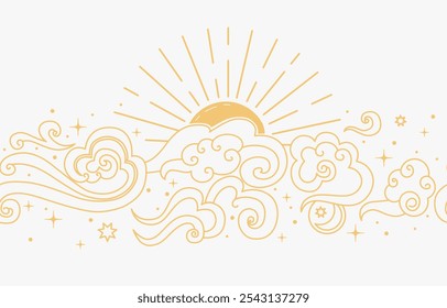  Sun, clouds in the sky. Abstract seamless pattern in oriental style. Decorative Chinese magic frame. Vector illustration.