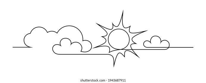Sun and clouds in the sky. Continuous line art drawing style. Sunny weather minimalist black linear design isolated on white background. Vector illustration