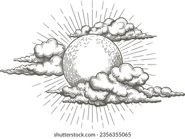 Sun and clouds in sky engraving sketch. Handmade etching shining sun rays, monochrome skies scape vintage sunset, old ink sketched travel sunrise isolated vector illustration