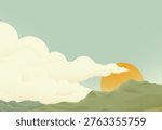 Sun and clouds sky over a mountain range. Original illustration of the sun rising with clouds in the sky in a vintage dots pointillism retro style 