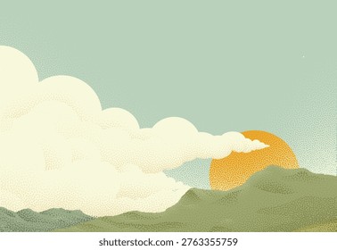 Sun and clouds sky over a mountain range. Original illustration of the sun rising with clouds in the sky in a vintage dots pointillism retro style 