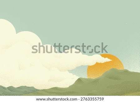 Sun and clouds sky over a mountain range. Original illustration of the sun rising with clouds in the sky in a vintage dots pointillism retro style 