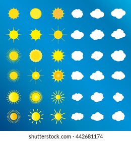 Sun and clouds and sky set. Set of Sun icon and sun symbol, sun logo and sun label, cloud icon and cloud sign, cloud white logo on blue sky background. For Art, Print, web design. Vector illustration