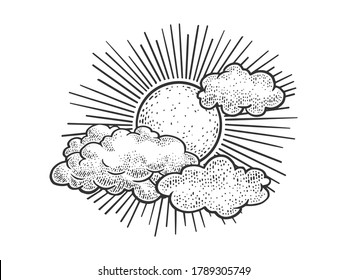 Sun and clouds in sky sketch engraving vector illustration. T-shirt apparel print design. Scratch board imitation. Black and white hand drawn image.