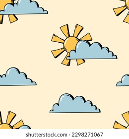 Sun and clouds summer vacations seamless pattern in 60s 70s retro style. Sunny background, textile print design in warm color palette.