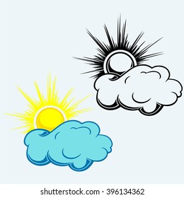 Sun in the clouds, symbol. Isolated on blue background. Vector silhouettes