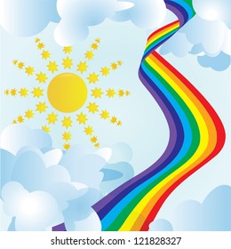 Sun, clouds and unusual rainbow. Vector illustration