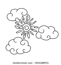 Sun and Clouds. Vector drawing on an isolated white background. Hand-drawn doodle drawing of stylized clouds and the sun is suitable for decor, print, stickers.
