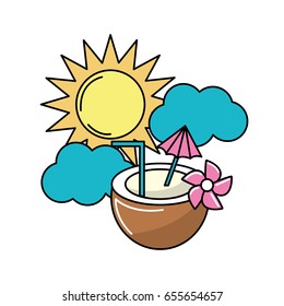 sun with clouds and water coconut to freshness