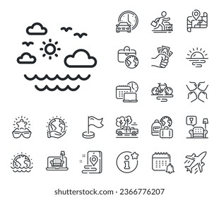Sun, clouds and waves sign. Plane jet, travel map and baggage claim outline icons. Travel sea line icon. Summer holidays symbol. Travel sea line sign. Car rental, taxi transport icon. Vector