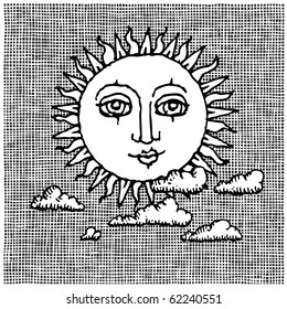 sun and clouds woodcut