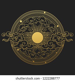 Sun in the cloudy sky. Decorative graphic design elements in oriental style. Vector hand drawn illustration