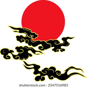 Sun in the cloudy sky. Decorative graphic design element. Vector illustration in Japanese style