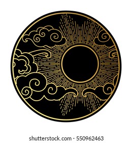 Sol en el cielo nublado. Elemento de diseño gráfico decorativo. Ilustración vectorial en estilo oriental