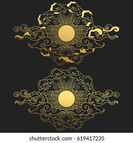 Sun in the cloudy sky. Decorative graphic design elements in oriental style. Vector hand drawn illustration