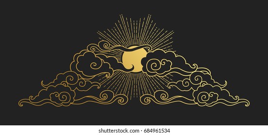 Sun in the cloudy sky. Decorative graphic design element in oriental style. Vector hand drawn illustration