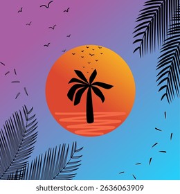 The sun with a coconut tree and birds inside, surrounded by coconut leaves.