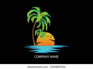 sun and coconut tree logo design, sunset with island logo design vector illustration