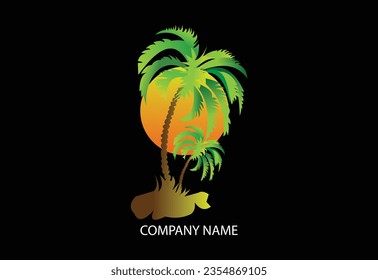sun and coconut tree logo design, sunset with island logo design vector illustration