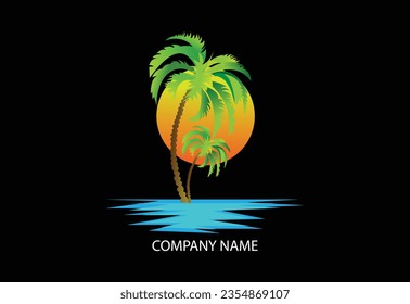 sun and coconut tree logo design, sunset with island logo design vector illustration