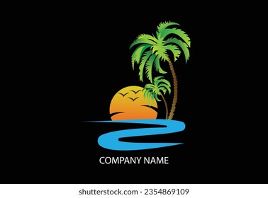 sun and coconut tree logo design, sunset with island logo design vector illustration