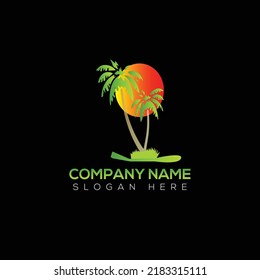 Sun with coconut tree logo vector illustration design 