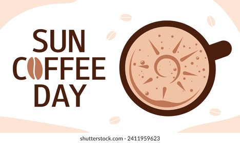 Sun Coffee Day in Iceland.  January 27. International Coffee Day. October 1. Template  for greeting card or banner. Flat vector illustration.