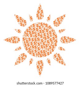 Sun collage of dollars and round spots. Vector money pictograms are combined into sun composition.