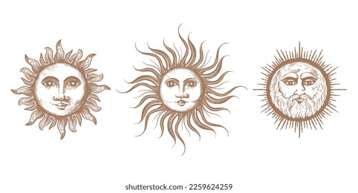 Sun collection. The sun is drawn by hand in the style of engraving. Overview graphic retro illustration. Vintage stylization of esoteric and occult sign.