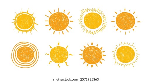 Sun Collection Hand Drawn with Pencil, Isolated on White Background. Cute nature summer elements. Sun, heat icons with rays