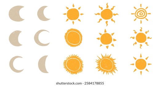 Sun Collection Hand Drawn with Pencil, Isolated on White Background. Cute nature summer elements. Sun, heat icons with rays