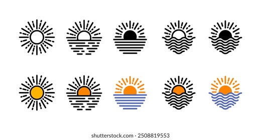 Sun - coleção de ícones vetoriais, elementos de design para logotipos, botões, botões, para uso em aplicativos móveis ou sites. Raios solares, nascer do sol, pôr do sol.