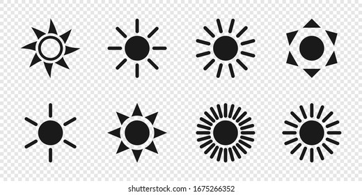 Sun collection. Sun vector icons, isolated on transparent background. Sun black icons different shapes in modern simple flat design. Vector illustration.