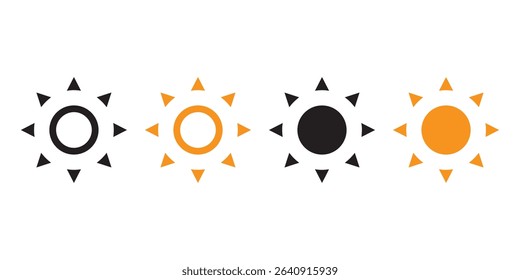 Sun collection. Sun vector icons, isolated on white background. Sun rays yellow and black color in flat design. Vector illustration.