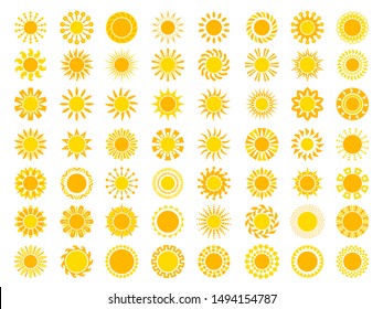 Sun Collection. Yellow Sunrise Symbols Nature Vector Stylized Icon Of Sun