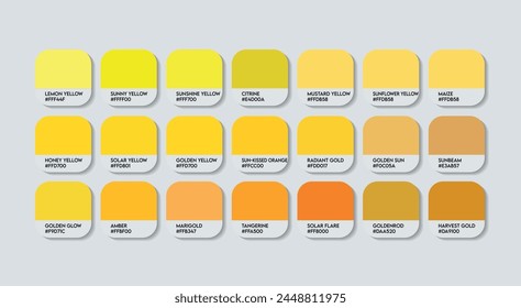 Sun Color Guide Palette with Color Names. Catalog Samples Yellow with RGB HEX codes and Names. Metal Colors Palette Vector, Wood and Plastic Yellow Color Palette, Fashion Trend Sun Color Palette