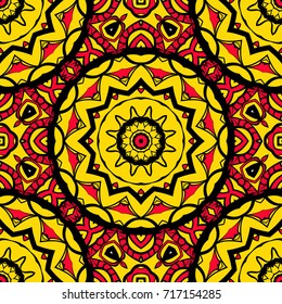 sun color seamless pattern with mandala ornament. vector illustration