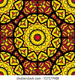 sun color seamless pattern with mandala ornament. vector illustration