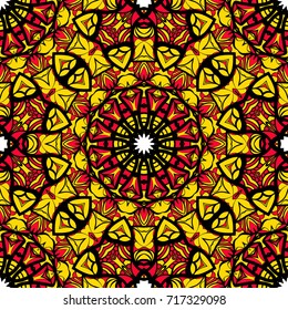 sun color seamless pattern with mandala ornament. vector illustration