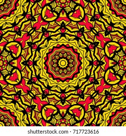 sun color seamless pattern with mandala ornament. vector illustration