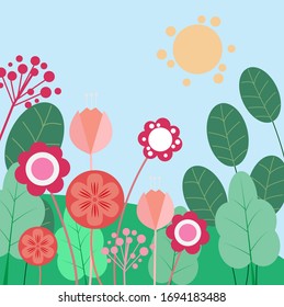 Sun and colorful flower on blue sky background,spring season,vector illustration.