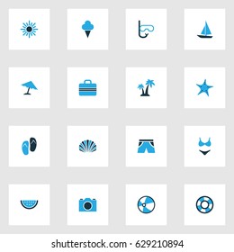 Sun Colorful Icons Set. Collection Of Ball, Lifebuoy, Camera And Other Elements. Also Includes Symbols Such As Mask, Circle, Shorts.