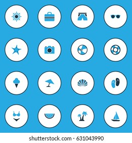 Sun Colorful Icons Set. Collection Of Lifebuoy, Swimsuits, Shorts And Other Elements. Also Includes Symbols Such As Citrus, Fish, Sandals.