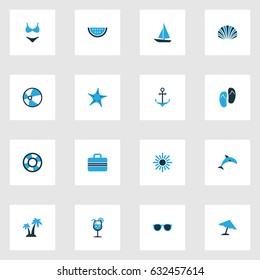 Sun Colorful Icons Set. Collection Of Watermelon, Ball, Swimsuits And Other Elements. Also Includes Symbols Such As Sunshades, Beach, Baggage.
