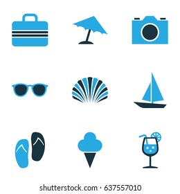 Sun Colorful Icons Set. Collection Of Boat, Camera, Ice Cream And Other Elements. Also Includes Symbols Such As Umbrella, Fresh, Lemonade.
