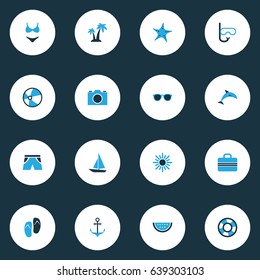 Sun Colorful Icons Set. Collection Of Boat, Ball, Camera And Other Elements. Also Includes Symbols Such As Dock, Sunglasses, Fish.